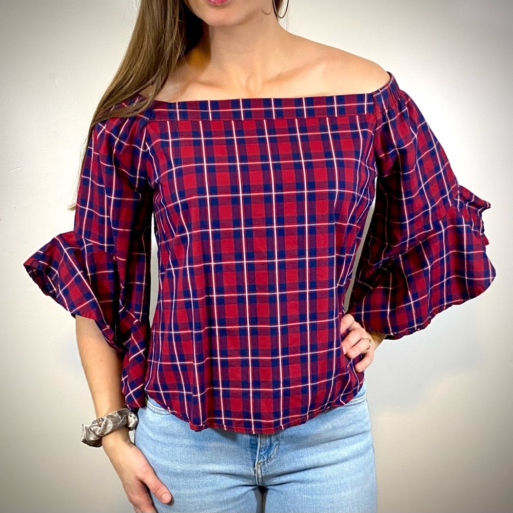 HeartSoul Belled Sleeved Off-The-Shoulder Blouse - Size Medium - Red and Blue